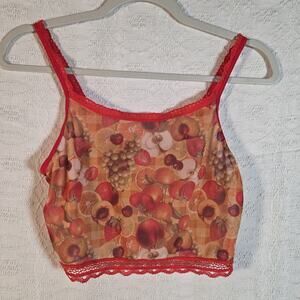 Uye Surana New York Fruit Print Mesh Bralette Crop Top Red Lace Trim Sheer M/L